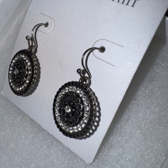 Marlyn Schiff Earrings Rhinestone Round Drop Dangle Black Silver New - Picture 3 of 10